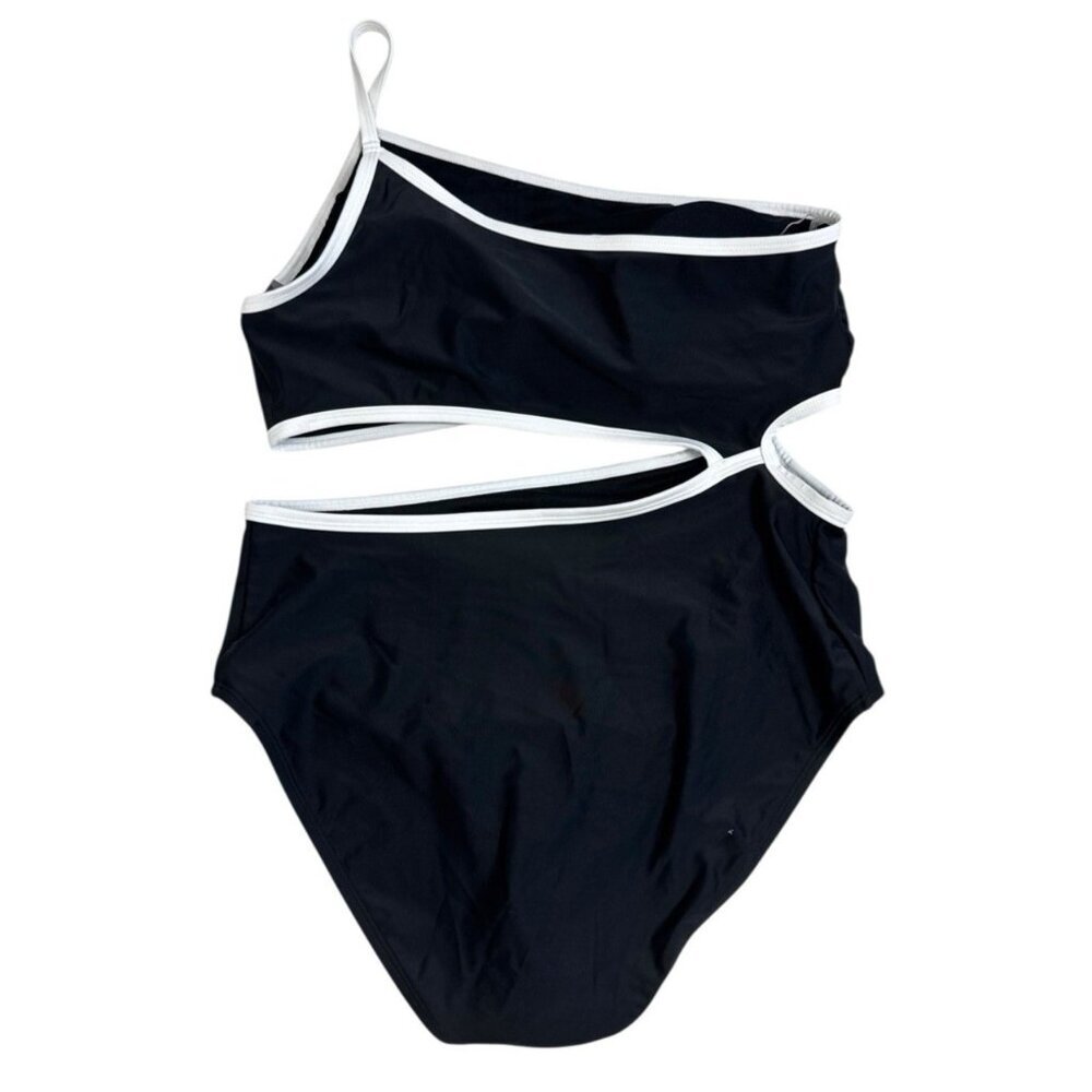 Aqua Couture One‎ Shoulder Cut Out Waist One-Piece Swimsuit B&W NWT